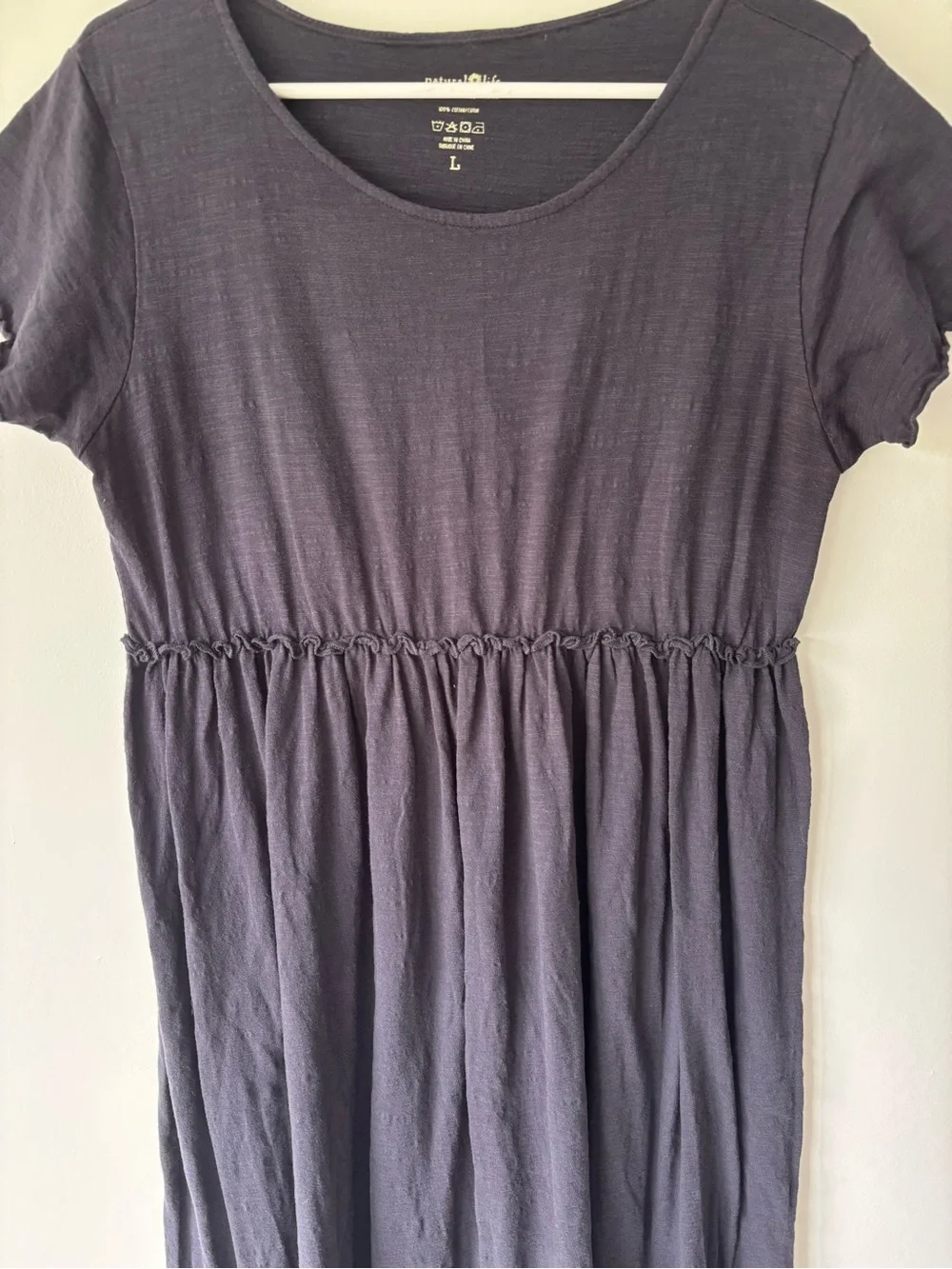 Natural Life Black Midi Dress Short Sleeves Raw Hem Cottagecore Milkmaid Cotton